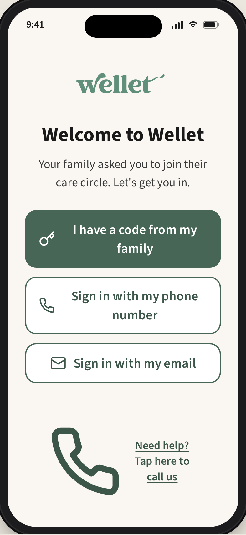 Welcome and sign-in screen with three large entry options including a code-from-family path.