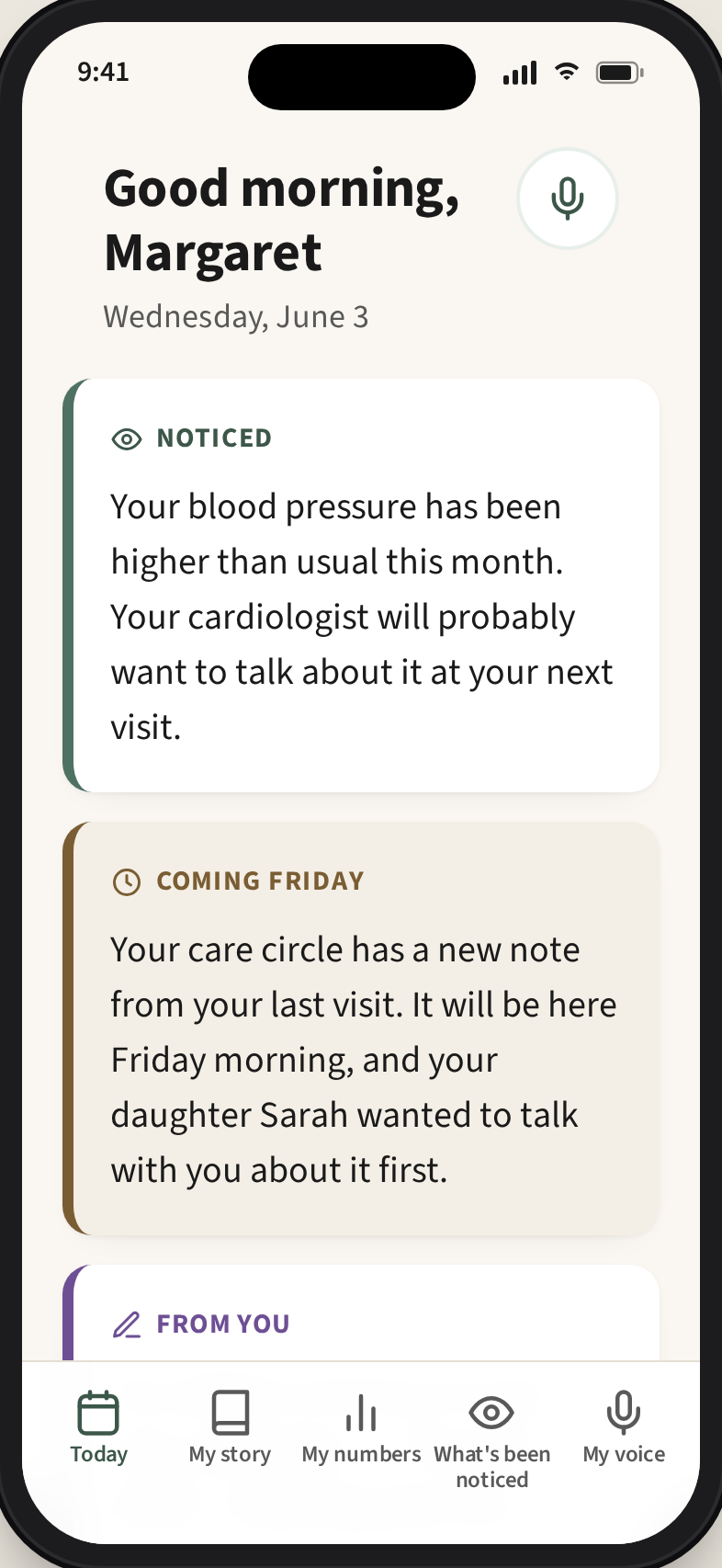 Today screen showing a noticed blood-pressure update, a buffered note coming Friday, and a memory the recipient added.