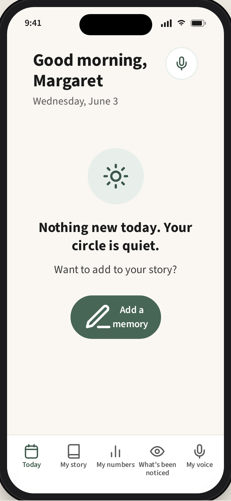 Quiet-day Today screen reading 'Nothing new today. Your circle is quiet.'