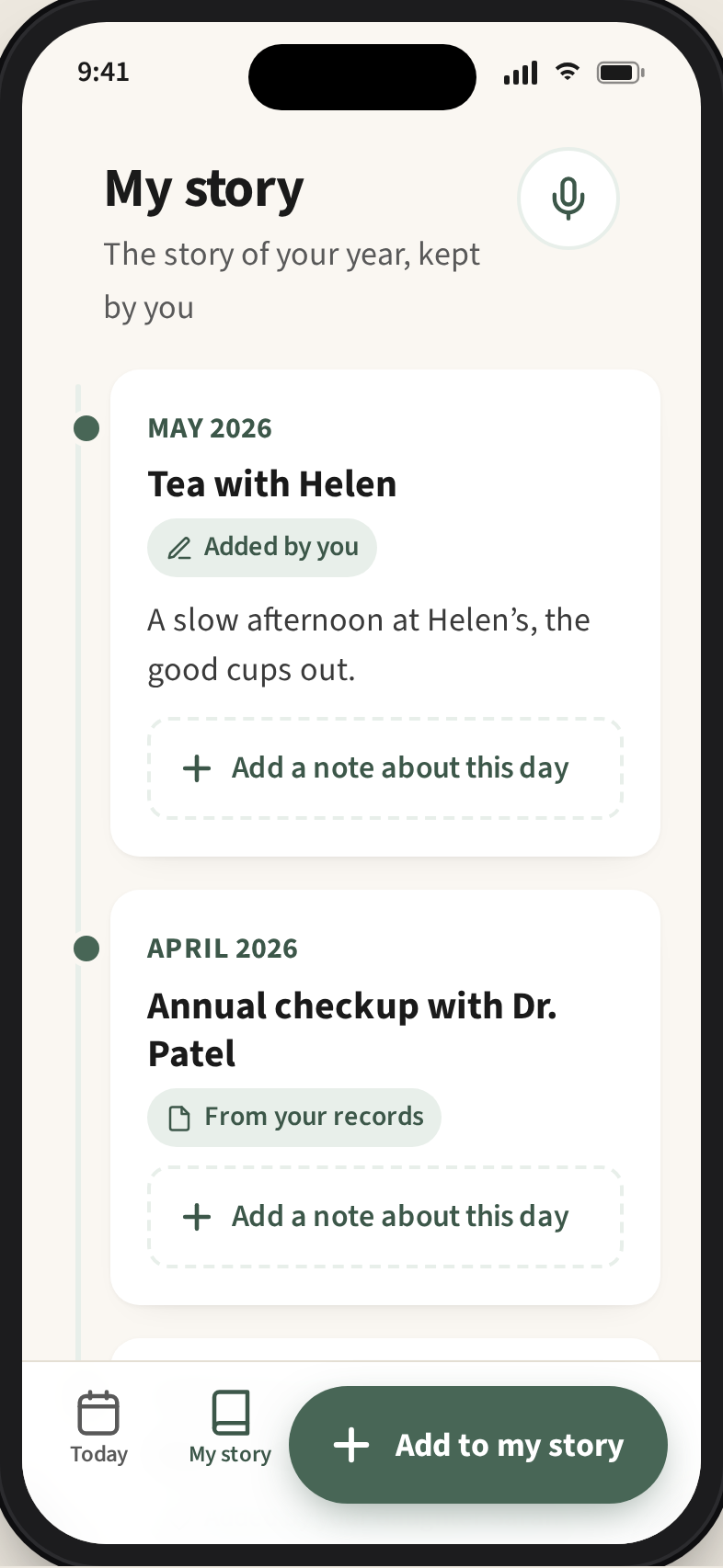 My story timeline screen showing life events the recipient and family have added alongside auto-pulled medical visits.