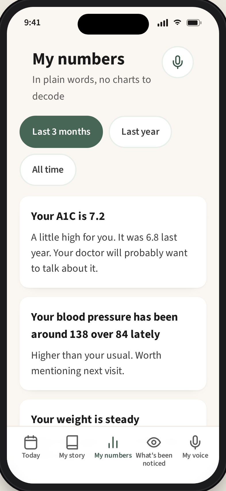 My numbers screen showing labs and vitals translated into plain-language sentences with no traffic-light colors.