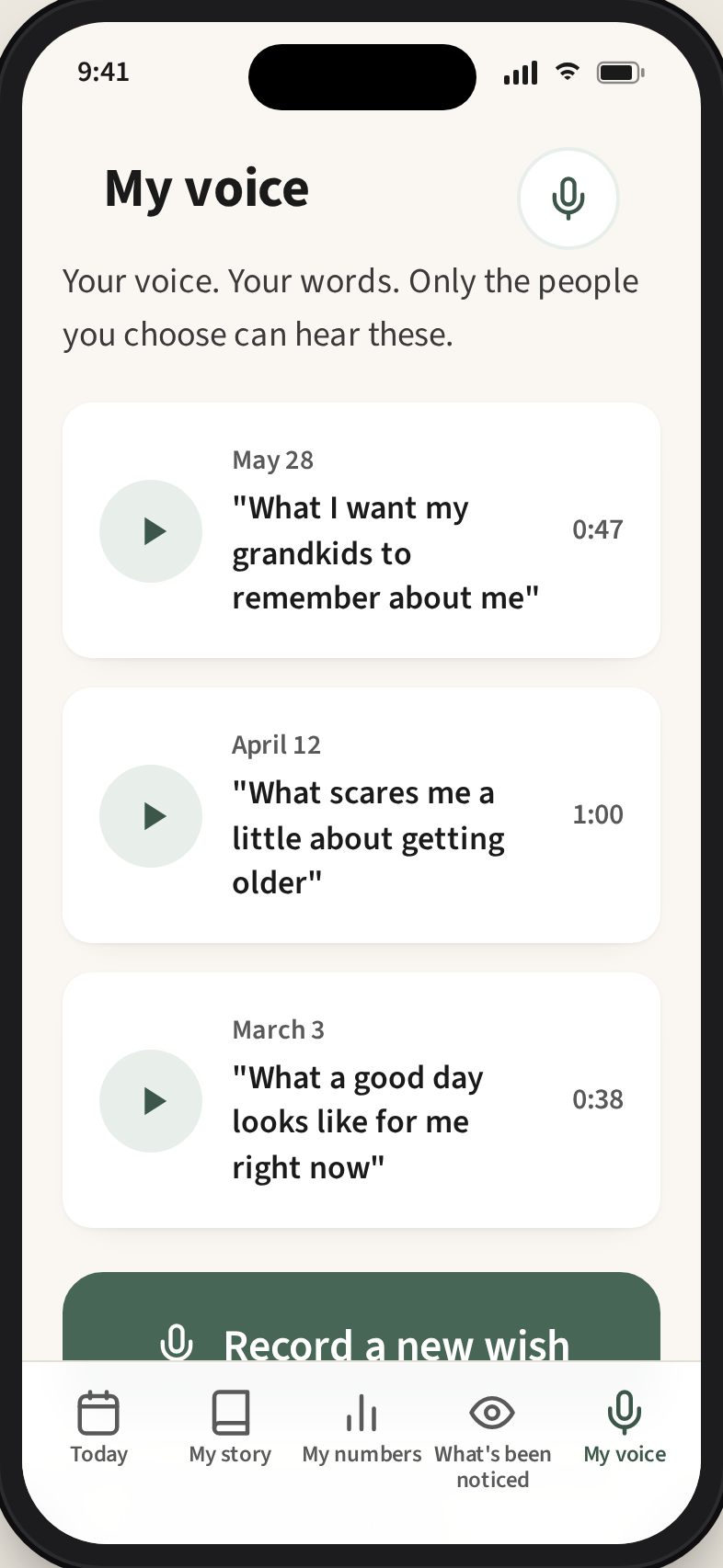 My voice screen with a list of wish recordings and a large record button. A note says recordings are never used to train anything.