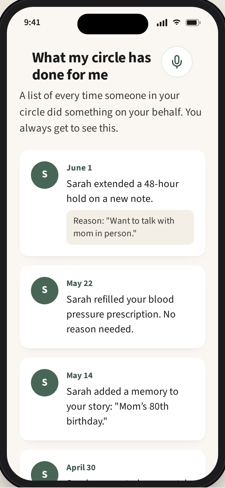 Settings screen titled 'What my circle has done for me' listing every caregiver action on the recipient's behalf.