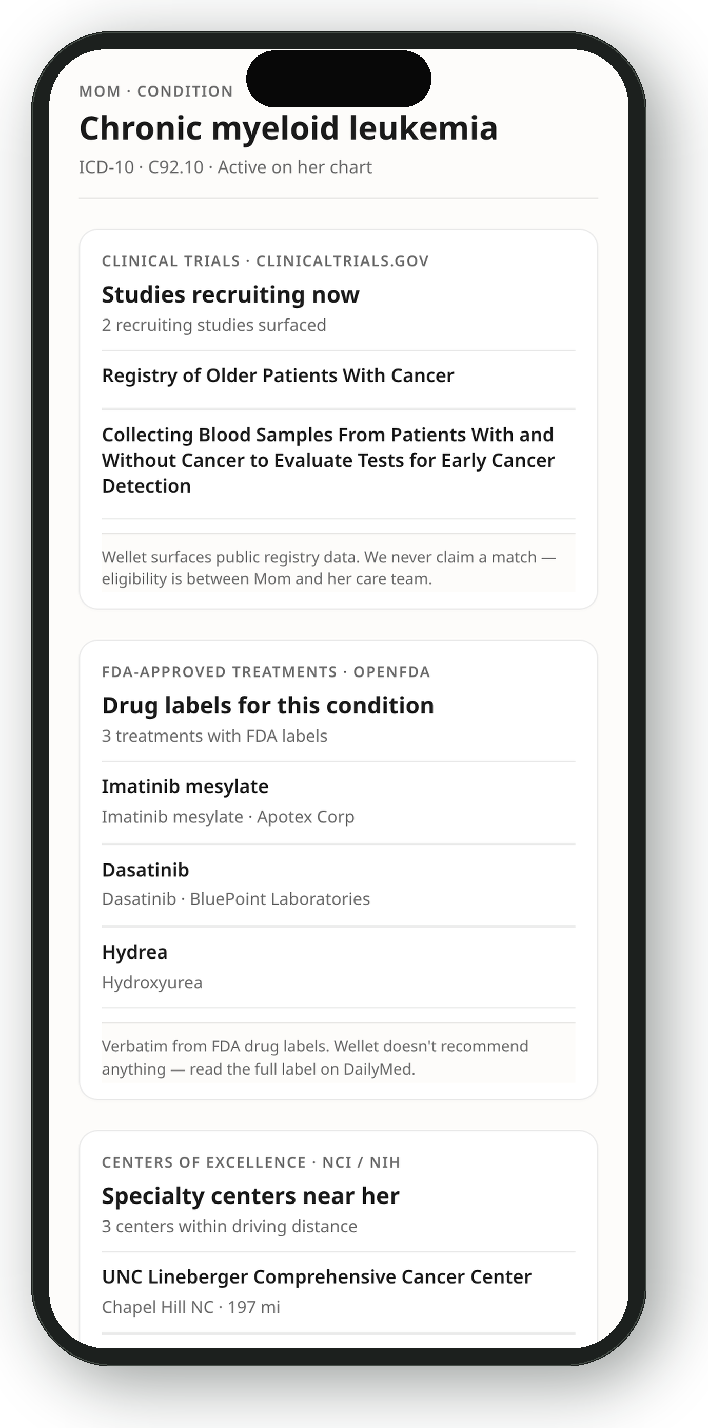 Wellet on iPhone &mdash; a condition page showing currently recruiting clinical trials, FDA-approved drug labels, specialty centers nearby, and recent research.