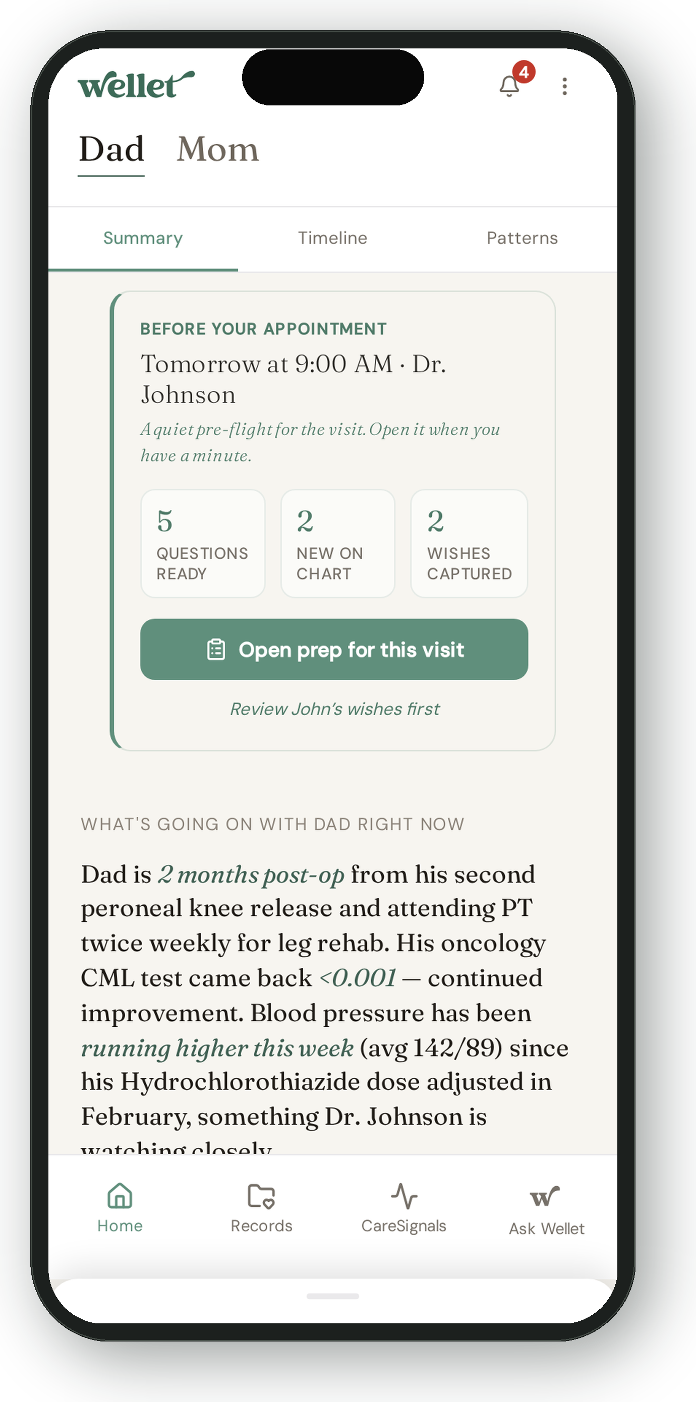 Wellet on iPhone — Dad's home view, showing his next appointment with Dr. Johnson, what's going on with him right now (post-op recovery, oncology results, blood pressure running higher this week), and the bottom nav: Home, Records, CareSignals, Ask Wellet.