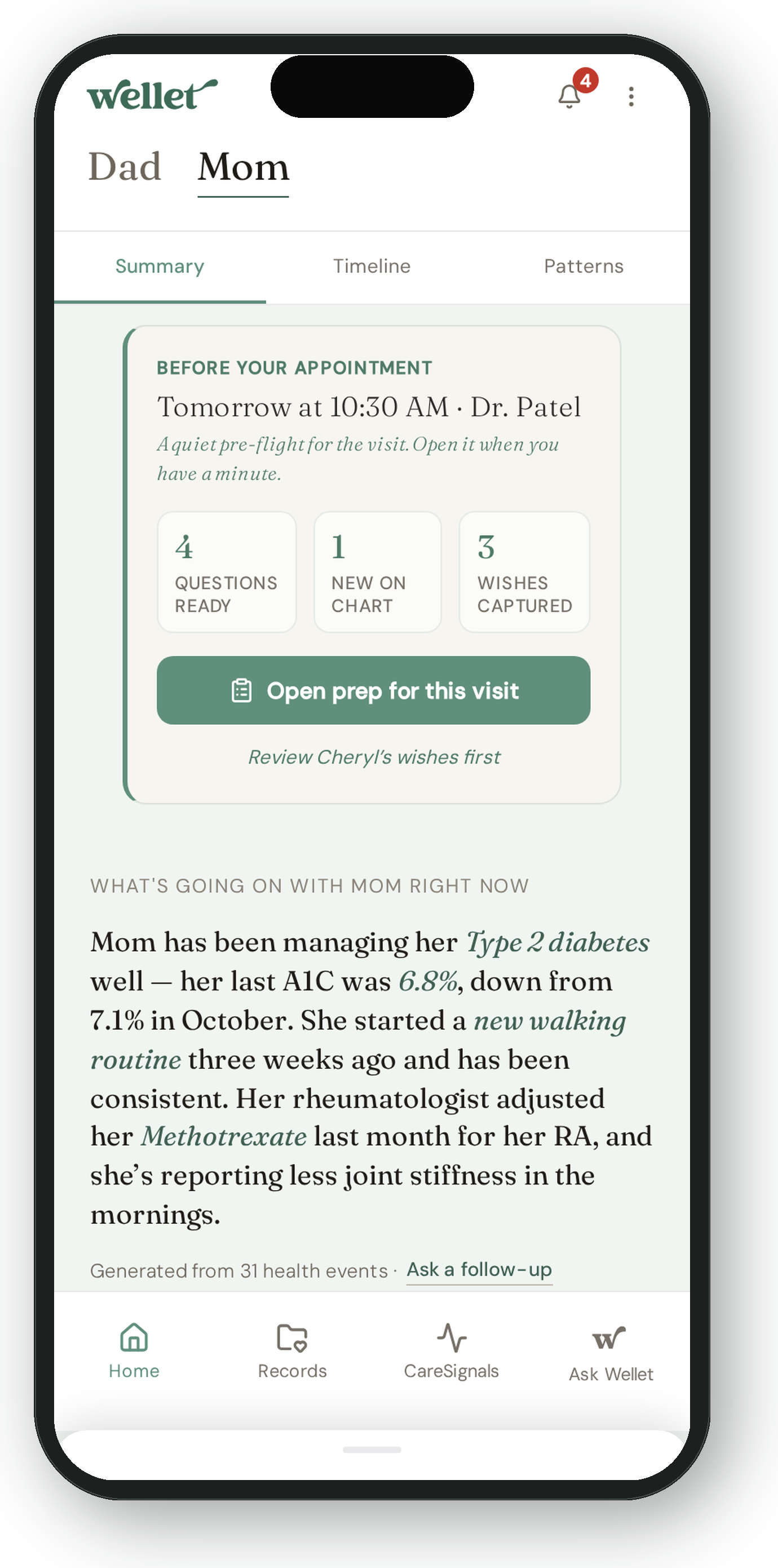 Wellet on iPhone — Mom's summary view, showing her next appointment, what's going on with her right now, and three quick stats: questions ready, new on chart, wishes captured.